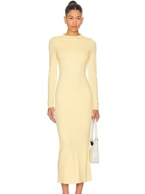 AFRM Long Sleeve Fitted Midi Dress in Pale Yellow